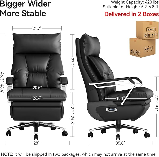 M80A Dual Motor Electric Executive Office Chair with Footrest, Comfortable Reclining Office Chair Wide Seat, Big and Tall Ergonomic Leather Home Office Desk Chair (Black,Multi-Functionality)