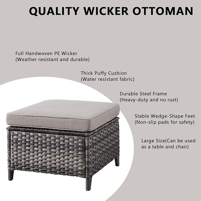 Rilyson Outdoor Wicker Patio Furniture Set - 4 Piece Patio Conversation Set with Swivel Rocker Chairs and Ottomans, 6 inch Cushions, High Back, Deep Seating, for Porch Deck Garden Mixed Grey/Grey