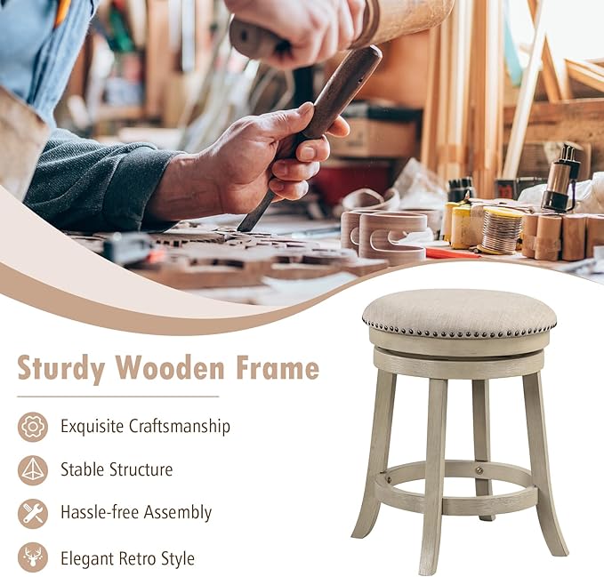 COSTWAY 360° Swivel Bar Stools Set of 2, 24-inch Height Upholstered Round Barstools with Wooden Frame, Seat and Footrest, Backless Solid Wood Counter Stools for Kitchen Island Bistro Pub, Beige