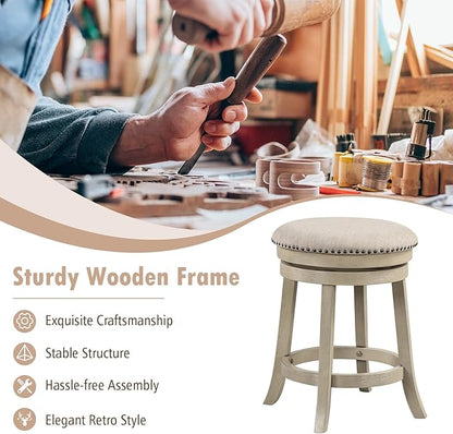 COSTWAY 360° Swivel Bar Stools Set of 2, 24-inch Height Upholstered Round Barstools with Wooden Frame, Seat and Footrest, Backless Solid Wood Counter Stools for Kitchen Island Bistro Pub, Beige