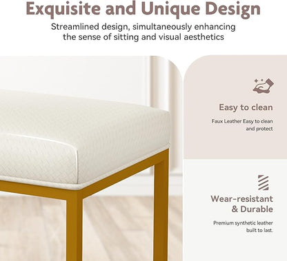 ALPHA HOME 24 Inch Counter Height Bar Stools, Upholstered Bar Stools for Kitchen Island, Counter Stools with Faux Leather Cushion and Sturdy Metal Frame, Modern Barstools, White and Gold