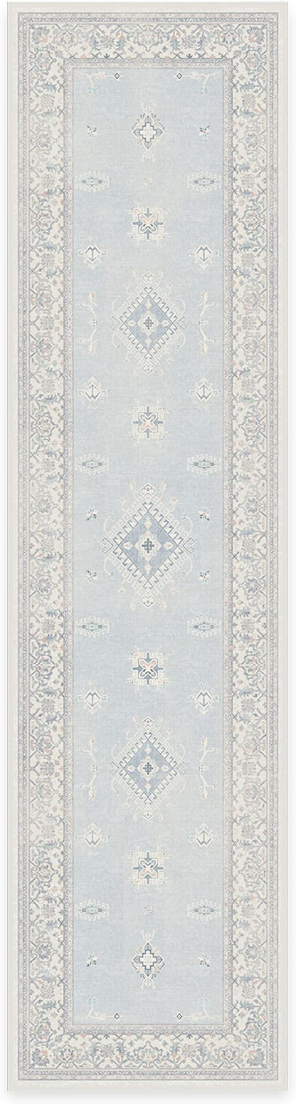 RUGGABLE Washable Vintage Runner Rug – Verena Soft Blue 2.5x10, Stain-Resistant, Non-Slip Hallway Runner – Machine Washable Rug for Hallway, Entryway, Living Room & Kitchen–with Cushioned Pad