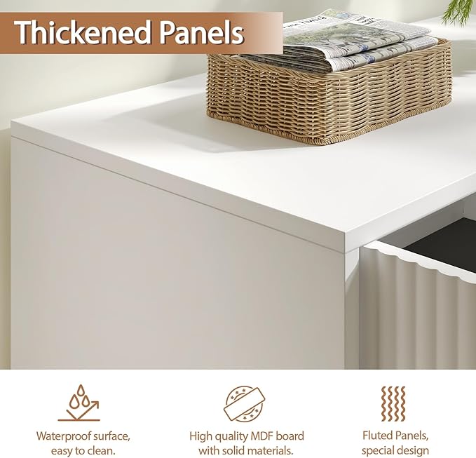 Fluted Storage Cabinet, Set of 3, Sideboard Buffet Cabinet, Modern Wood Accent Table with Adjustable Shelves, Console Table for Living Room, Hallway, Entryway, White