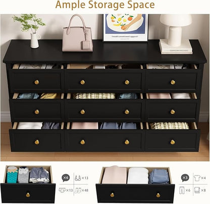 LYNSOM Black Dresser for Bedroom with 9 Drawers, Modern Wide Chest of Storage Drawer with Gold Handles, TV Stand Dresser, Wood Dressers for Bedroom, Living Room, Hallway, Entryway, 59’’