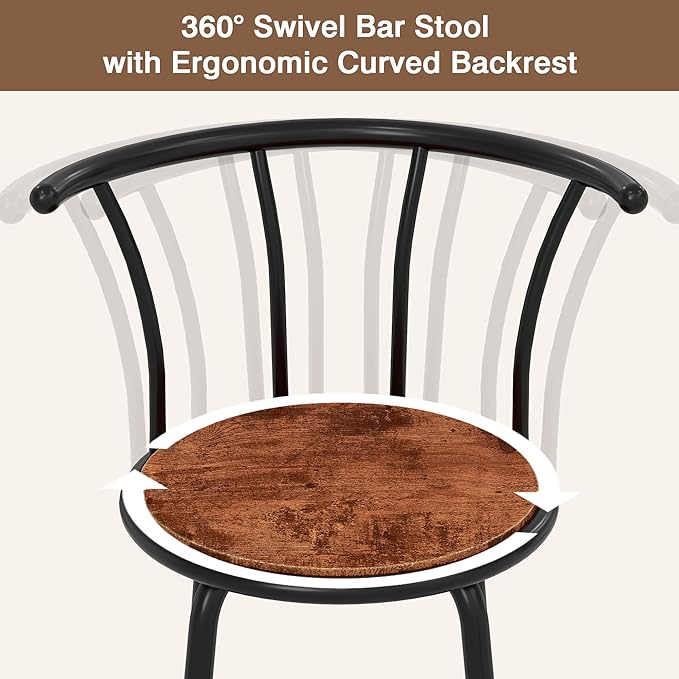VECELO Bar Stools Set of 2, Swivel Counter Barstools with Backrest, Bar Height Chairs for Dining Room, Kitchen Island, Pub, Easy Assembly, Retro Brown