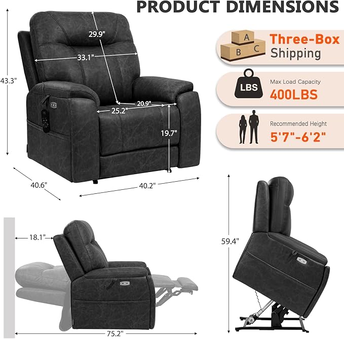 EONIX Triple Motor Lay Flat Power Lift Recliner Chair for Elderly, 400lbs Electirc Lift Chair for Living Room, Independent Adjustable Lumbar, Extended Footrest, Hidden Cup Holders, Charcoal Black