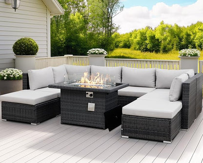 NICESOUL 29.3'' High Back Outdoor Patio Conversation Set with Firepit Natural Gas Propane Convertible, Plus Size Modular Wicker Furniture Couches, 9 Piece Modern Deep Wide Sectional Sofa, Light Gray