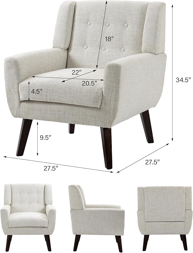 Accent Chair, Mid-Century Modern Fabric Chairs with Arms for Living Room, Comfy Upholstered Club Single Sofa Armchair for Bedroom Waiting Room with Solid Wood Frame (Fabric Beige, Set of 2)