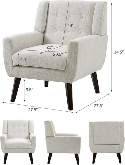 Accent Chair, Mid-Century Modern Fabric Chairs with Arms for Living Room, Comfy Upholstered Club Single Sofa Armchair for Bedroom Waiting Room with Solid Wood Frame (Fabric Beige, Set of 2)