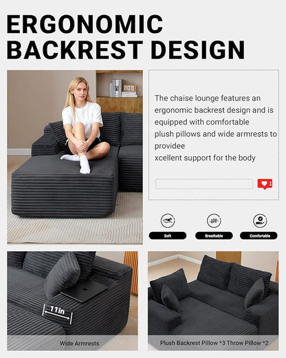 108 Inch Cloud Sectional Couch,Modern Modular Sectional Sofa with Deep Seat,Corduroy Boneless Couches with L-Shape Chaise for Living Room,No Assembly Required (Black, Left Facing Chaise + Ottoman)