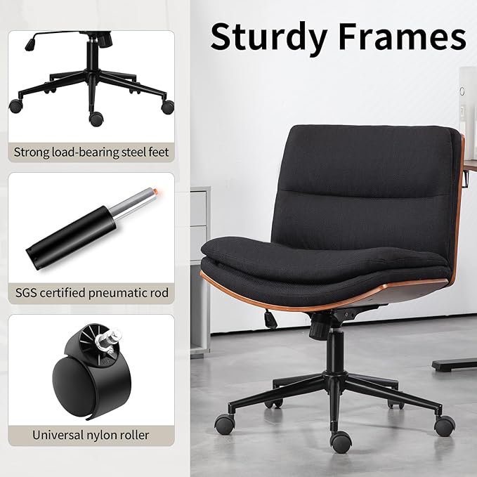 Armless Modern Walnut Office Desk Chair with Wheels, Adjustable Wide Swivel Task Chair, Ergonomic Cross Legged Fabric Chair for Conference Room, Home Office (Black)