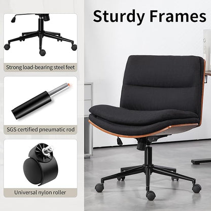 Armless Modern Walnut Office Desk Chair with Wheels, Adjustable Wide Swivel Task Chair, Ergonomic Cross Legged Fabric Chair for Conference Room, Home Office (Black)