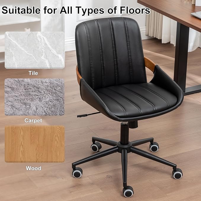 Small Home Office Chair No Arms,PU Leather Desk Chair with Wheels,Adjustable Height Work Chair,360° Swivel Computer Desk Chair for Office, Reading and Study (Black)