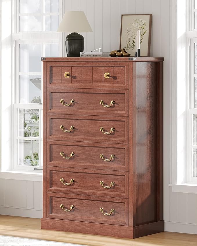 AOGLLATI Farmhouse Dresser with 6 Drawers, 51.2”Tall Wooden Rustic Chest of Drawers with Natural Texture, Vintage Design, Bedroom Dressers with Drawers for Bedroom, Oak Brown