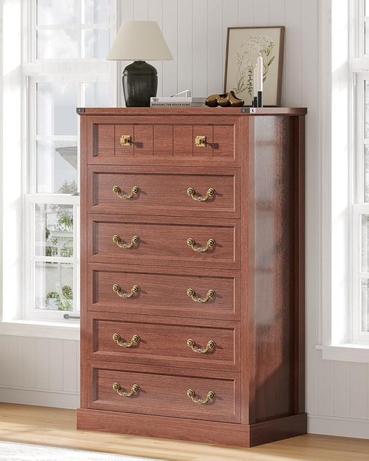 AOGLLATI Farmhouse Dresser with 6 Drawers, 51.2”Tall Wooden Rustic Chest of Drawers with Natural Texture, Vintage Design, Bedroom Dressers with Drawers for Bedroom, Oak Brown