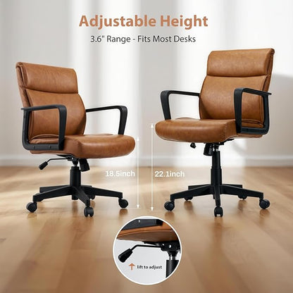 Artswish Leather Office Chair Brown Desk Chair with Wheels Arms, Mid Back Leather Executive Computer Chair Mid Century Chairs for Home Office