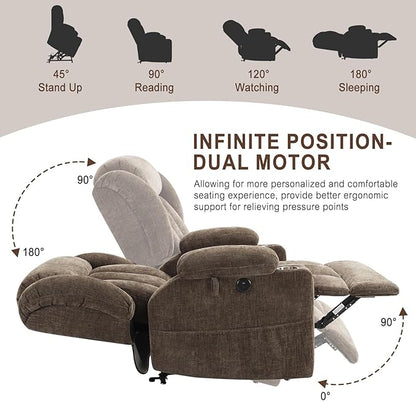 Dual Motor Lift Recliner Chair - Durable Heavy Duty Steel Mechanism Chenille Fabric High-Density Sponge, USB & Type-C Port Brown Standing Assistance Reclining Chair