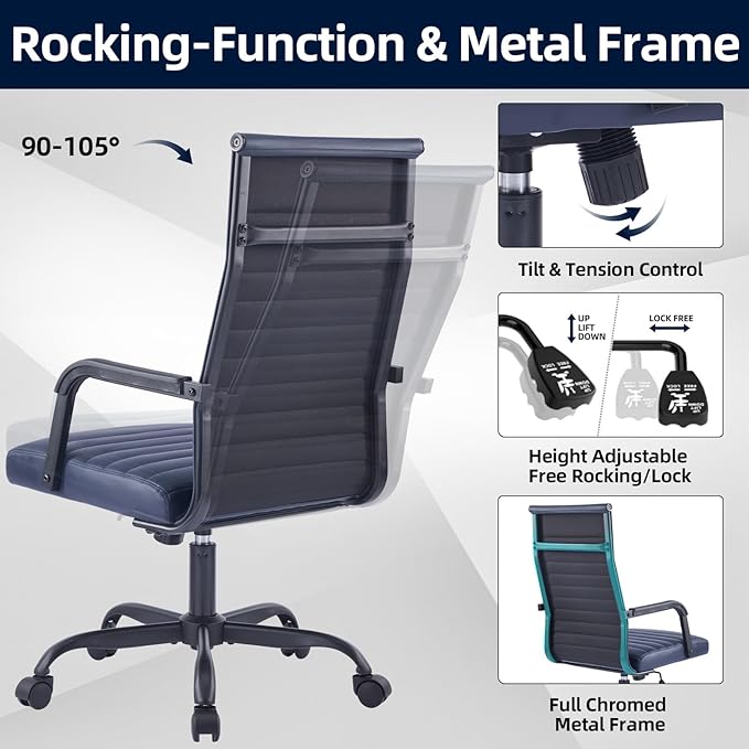 Office Chair, Ergonomic Executive Conference Room Chairs, Ribbed Leather Desk Chair with Lumbar Support, Adjustable Height Mid-Back Swivel Chair with Padded Seat and Square Tube Armrests