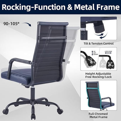 Office Chair, Ergonomic Executive Conference Room Chairs, Ribbed Leather Desk Chair with Lumbar Support, Adjustable Height Mid-Back Swivel Chair with Padded Seat and Square Tube Armrests