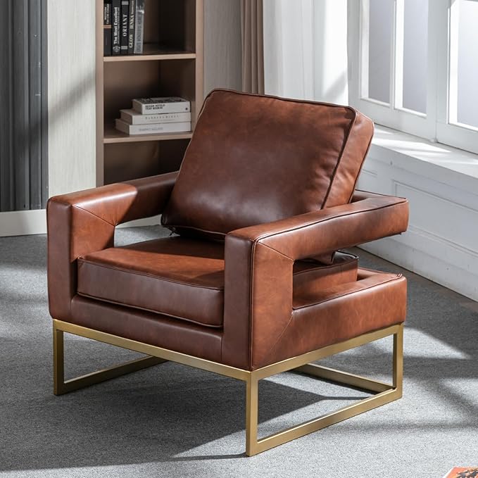 Modern Accent Chair, PU Leather Upholstered Side Chair with Backrest, Comfy Armchair Side Chair with Golden Metal Base for Living Room Reception Room, 1PC, Brown