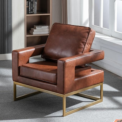 Modern Accent Chair, PU Leather Upholstered Side Chair with Backrest, Comfy Armchair Side Chair with Golden Metal Base for Living Room Reception Room, 1PC, Brown