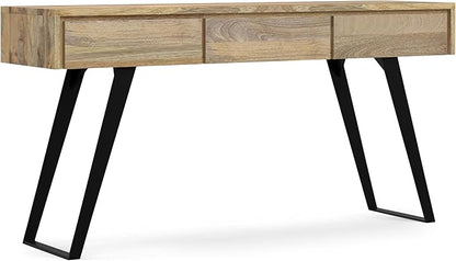 SIMPLIHOME Lowry Console Table - 60 Inch Wide Solid Mango Wood and Metal Sofa Table in Natural, Modern Industrial Storage Table for Entryway or Living Room with 3 Drawers and Angled Metal Legs