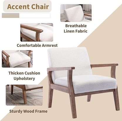 HNY Mid Century Armchair with Wood Frames, Linen Upholstered Living Room Arm Chair, for Living Room, Bedroom, Ivory