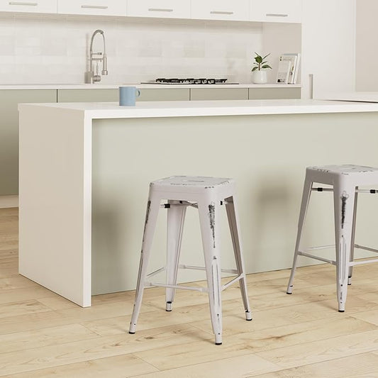Vogue Furniture Direct 24 Inch Metal Bar Stools, Backless Counter Height Barstools, Indoor Outdoor Stackable Stools with Square Seat, Set of 4 (Distressed White)