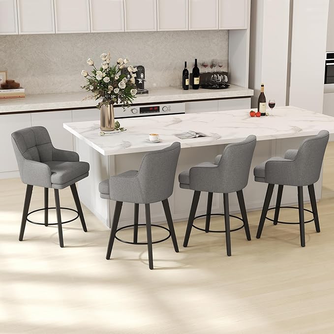 360°Swivel Counter Height Bar Stools with Back, 26 inch Solid Wood Legs, Bar Stool Modern Kitchen Island Chairs, Fabric (Mid-Grey- Fabric, 26" H- Set of 3)