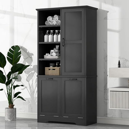 Tall Laundry Cabinet with 2 Tilt Out Hamper, Wood Bathroom Storage Cabinet with Doors and Adjustable Shelves Freestanding (Black)