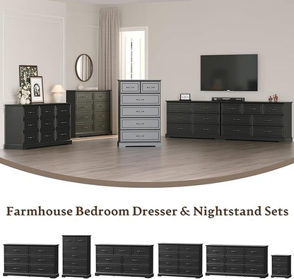 Farmhouse 8 Drawers Dresser for Bedroom, 54" Wide Modern Chest of Drawers with Deep Drawers & Bar Handles, Rustic Wood Dresser TV Stand, Wooden Closet Storage Organizer for Living Room, Hallway, Black