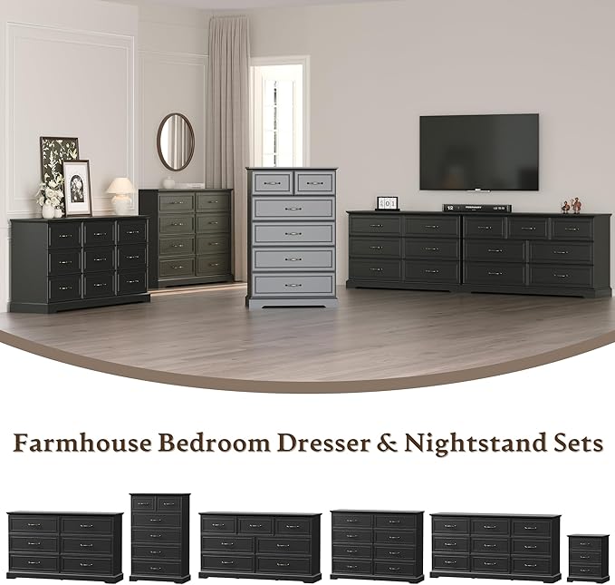 Farmhouse 7 Drawers Dresser for Bedroom, 57" Wide Modern Chest of Drawers with Deep Drawers & Bar Handles, Rustic Wood Dresser TV Stand, Wooden Closet Storage Organizer for Living Room, Hallway, Black