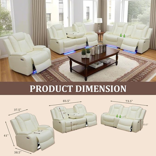 Power Recliner Sofa Set with LED, Creamy White Leather Reclining Living Room Couch, Muti-Functional Recliner Leather Sofa Set with Storage Console/Cup Holders/USB Ports