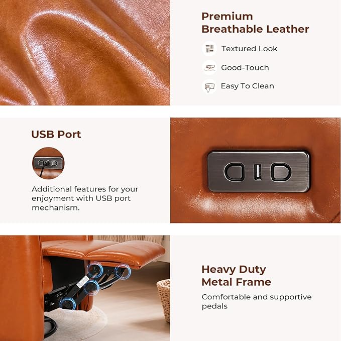 Homdox Power Recliner Chair Swivel Glider with Massage and Heat, Living Room Nursery Reclining Chair with USB, Faux Leather, for Small Spaces, Orange-Brown