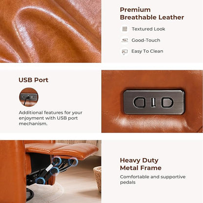 Homdox Power Recliner Chair Swivel Glider with Massage and Heat, Living Room Nursery Reclining Chair with USB, Faux Leather, for Small Spaces, Orange-Brown