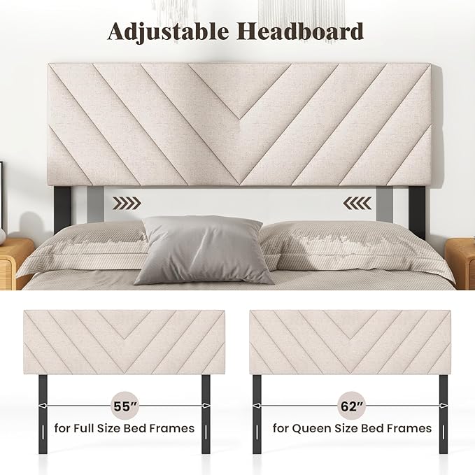 Giantex Linen Upholstered Headboard, Adjustable Width Button Tufted Headboard Only with Solid Wood Legs, Attach Frame, Rectangular Headboard for Queen Full Size Bed, Beige