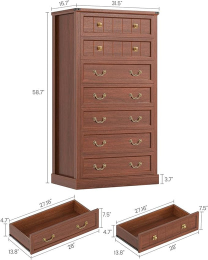 AOGLLATI Farmhouse Dresser with 7 Drawers, 58.7”Tall Wooden Rustic Chest of Drawers with Natural Texture, Vintage Design, Bedroom Dressers with Drawers for Bedroom, Oak Brown