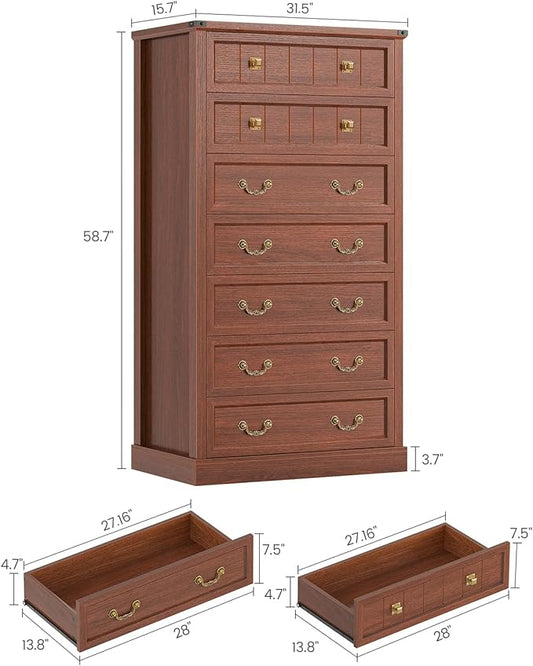 AOGLLATI Farmhouse Dresser with 7 Drawers, 58.7”Tall Wooden Rustic Chest of Drawers with Natural Texture, Vintage Design, Bedroom Dressers with Drawers for Bedroom, Oak Brown