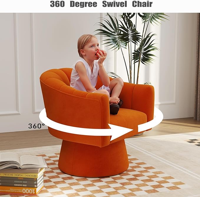 Swivel Accent Chair,Upholstered Velvet 360° Swivel Barrel Chair for Living Room Overstuffed Bouncle Reading Chair Round Armchair for Bedroom,Vanity,Office(Orange)