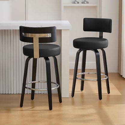 Swivel Counter Height Bar Stools Set of 2, 26" Upholstered Faux Leather Barstools with Back, Mid Century Modern Counter Stools with Black Walnut Wood Legs for Kitchen Island, Black
