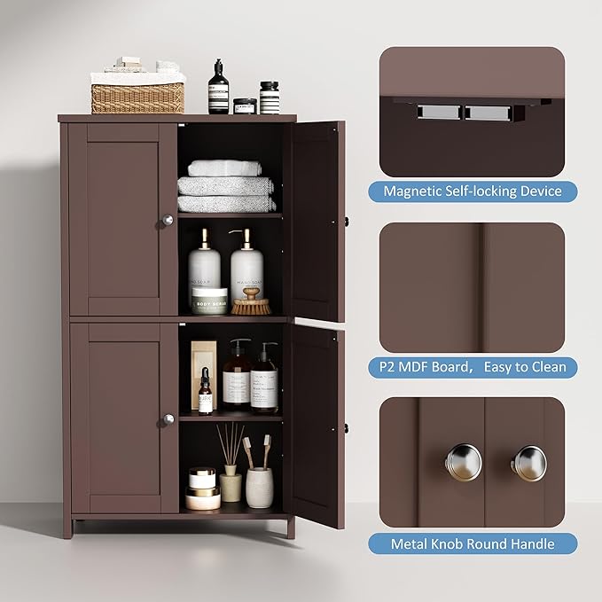 Shintenchi Bathroom Storage Cabinet with Doors and Shelves, Floor Cabinets for Washroom Furniture, Laundry Room, Organization with Adjustable Shelf, Brown