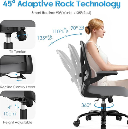 Office Chair Ergonomic Desk Chair - Mesh Computer Chair Breathable Task Chair with Wheels Adjustable Lumbar Support Home Desk Office Chairs with Flip up Armrest Executive Rolling Swivel Gray