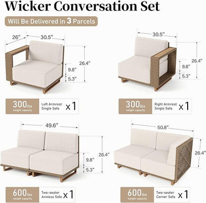 L Shaped Patio Furniture,Outdoor Rattan Wicker Sectional Sofa with 10''Ultra-Thick Cushions,All Weather Patio Conversation Set for Lawn Garden Backyard,Beige