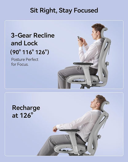 SIHOO M57 Ergonomic Mesh Office Chair, High Back Home Desk Chair with 3D Armrests, Lumbar Support and Adjustable Headrest, Comfortable Computer Chair, Big & Tall Office Chair Hold 330 LBS-Light Grey