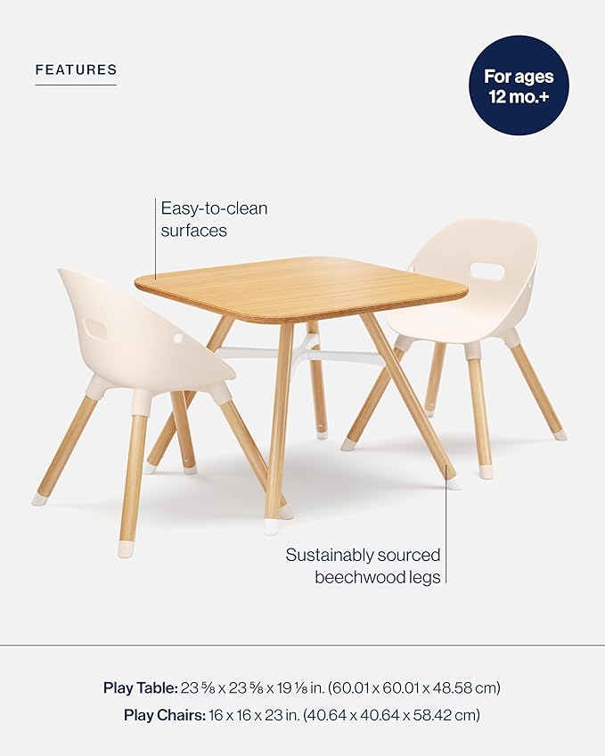 Lalo The Play Kit - Kids Table & Chairs Set with Sustainably Sourced Wood Table & 2 Non-Toxic Bucket Seat Chairs - Safe & Comfortable - Natural/Grapefruit