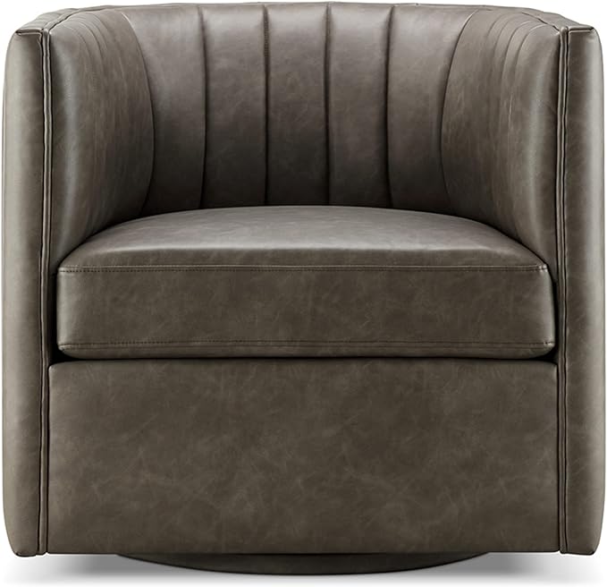CHERS Rivet Mid-Century Modern Swivel Armchair, Channel-Tufted Faux Leather Accent Chair, 360-Degree Rotating Lounge Chair with Ergonomic Design for Living Room, Bedroom, Home Theater, Pewter