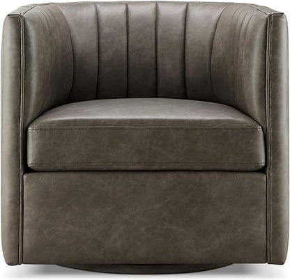 CHERS Rivet Mid-Century Modern Swivel Armchair, Channel-Tufted Faux Leather Accent Chair, 360-Degree Rotating Lounge Chair with Ergonomic Design for Living Room, Bedroom, Home Theater, Pewter