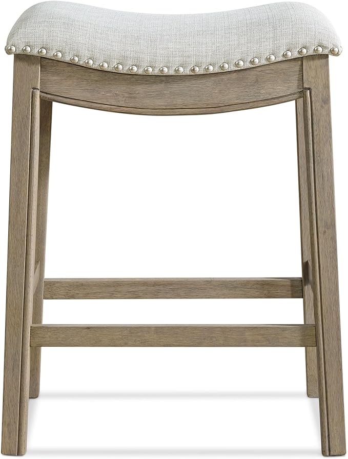 ROME + OAK Set of 3 Parker 26" Counter Stool, Backless Saddle Kitchen Barstool in Reclaimed Oak Finish with Ash Grey Fabric Upholstery Cushion Seat