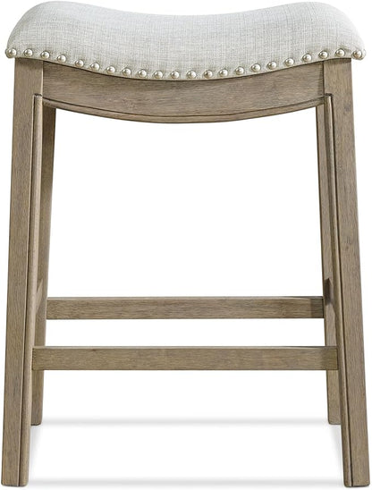 ROME + OAK Set of 3 Parker 26" Counter Stool, Backless Saddle Kitchen Barstool in Reclaimed Oak Finish with Ash Grey Fabric Upholstery Cushion Seat