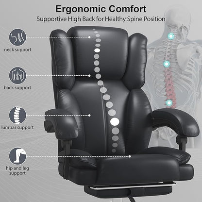 Big and Tall Office Chair, Executive Home Office Desk Chair, Leather Computer Chair with Retractable Footrest, Adjustable Headrest and Reclining Height, Padded Arms, 360°Swivel Free, Wide Seat, Black